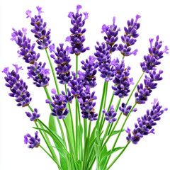 Fototapeta premium Lavender flowers with vibrant purple petals and green leaves create stunning visual on white background, evoking sense of calm and tranquility
