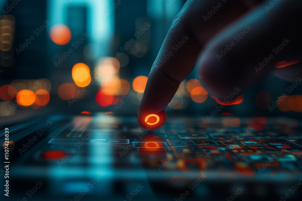 Poster finger tapping touchscreen display with glowing interface in urban environment, evoking technology, 