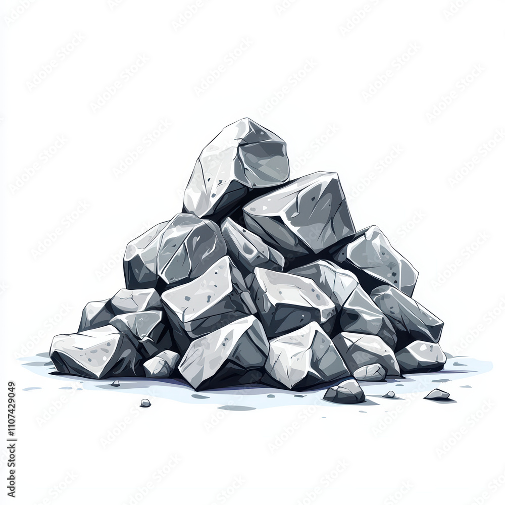Poster pile of gray rocks on white isolated background, showcasing various shapes and sizes, perfect for ba