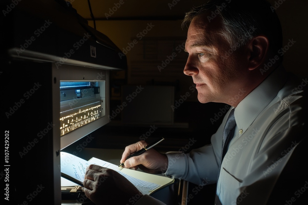 Aufkleber focused man writing notes in dim light while using a copiers machine in an office environment, busin
