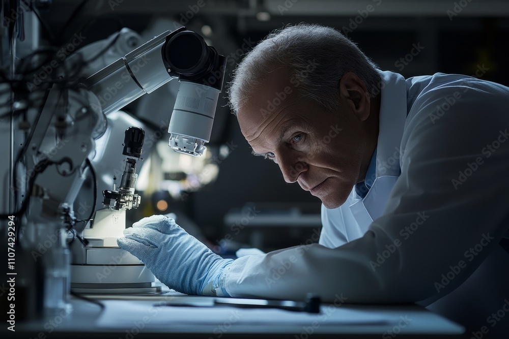 Poster focused scientist examines specimen with microscope in advanced laboratory setting, showcasing inten