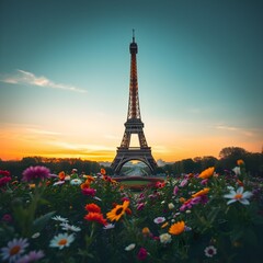 Eiffel Tower at Sunrise with Flower Garden Paris France