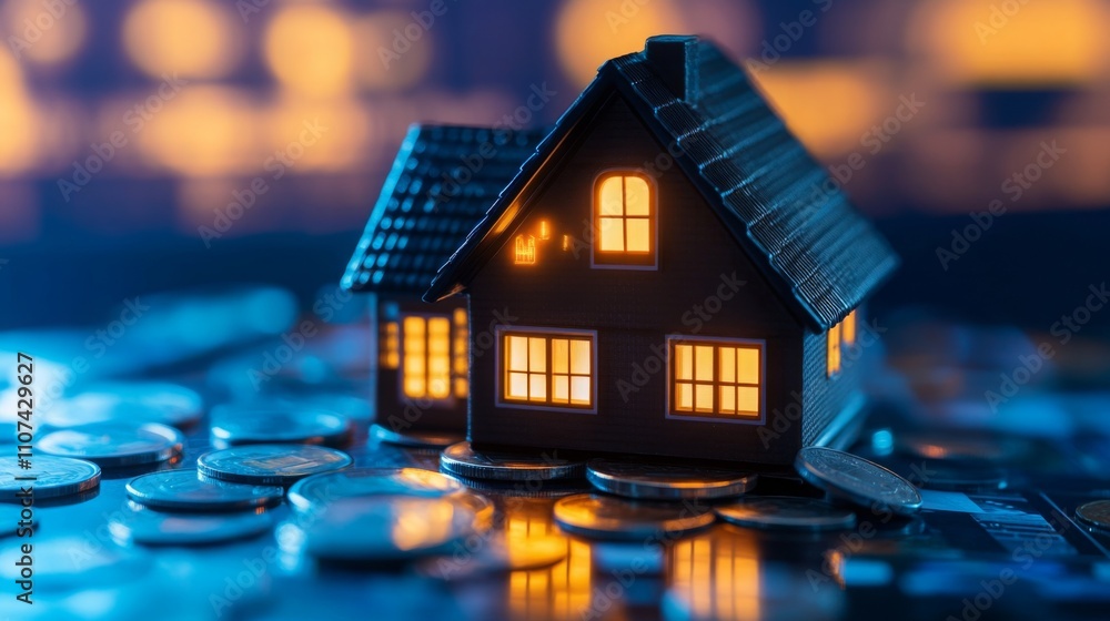 Poster a miniature house model illuminated with warm lights sits on a pile of coins, symbolizing the blend 