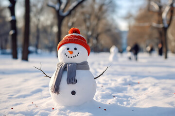Snowman in City Park with Blurred Background