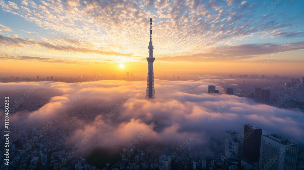 Canvas Prints 朝日を浴びた雲海と東京スカイツリーの壮観なパノラマ