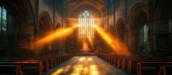 Fototapeta premium Sunbeams illuminate a majestic church interior, showcasing rows of pews, stained glass, and altar.