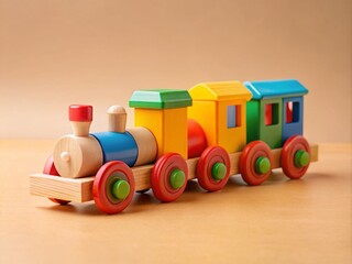 Bright wooden toy train set on a simple background, featuring a minimalist design perfect for children's playtime and stylish decor in any room.