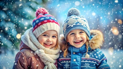 Happy kids wearing in winter clothing playing in snow and having fun in winter landscape