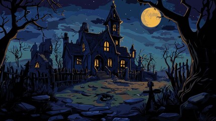 A spooky, gothic house with a full moon and bats flying in the night sky.