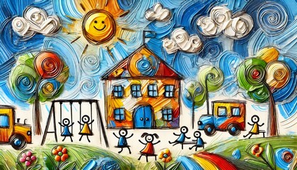 Fototapeta premium A cheerful children's drawing of a school scene.