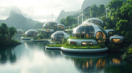 Fototapeta premium Futuristic eco-village on a serene lake nestled in a lush green mountain valley with wind turbines.