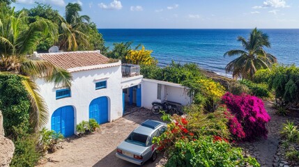 Fototapeta premium A panoramic view of the white and blue architecture in sea with lush greenery, in front is an old traditional berber house with blue doors and windows.
