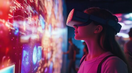 Obraz premium A young woman engages with virtual reality technology, immersing herself in a simulated environment showcasing real estate options.