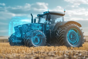 Futuristic Agricultural Tractor with Digital Interface in a Field Representing Modern Farming Technology and Innovation for Sustainable Agriculture Solutions