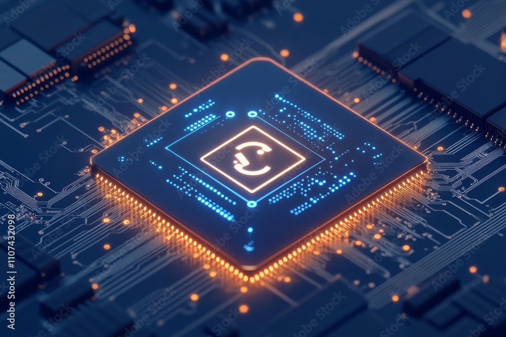 Poster futuristic close-up of a brightly lit microchip surrounded by digital circuits and electric lines re