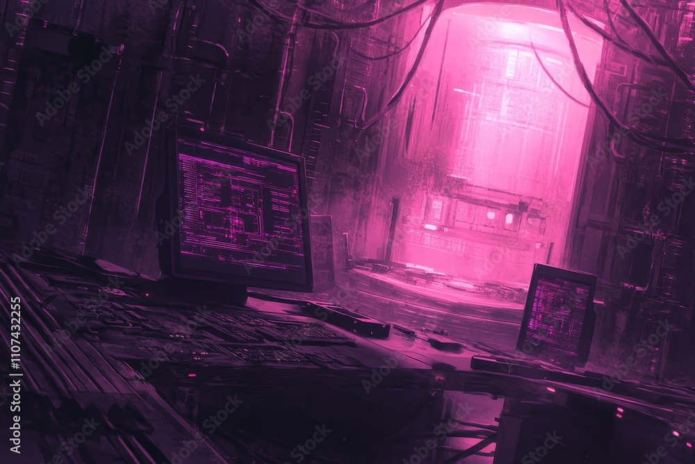 Poster futuristic cyberpunk laboratory with neon lighting, high-tech monitors, and abstract data streams in