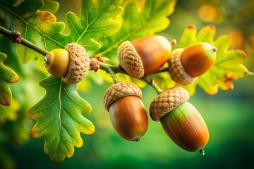 Captivating vintage-style closeup of acorns nestled on an oak tree branch, surrounded by vibrant green leaves in the forest, showcasing early autumn's rustic beauty.