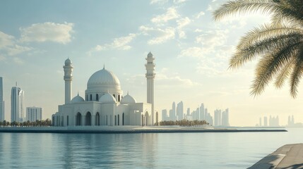 A mosque with seascape beach and town, desert