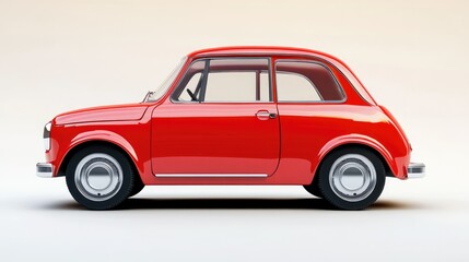 A side view of a classic red car, showcasing its vintage design and compact shape.