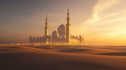 A photo of the Mosque, taken from across an empty desert with street lights on one side and a clear sky above.