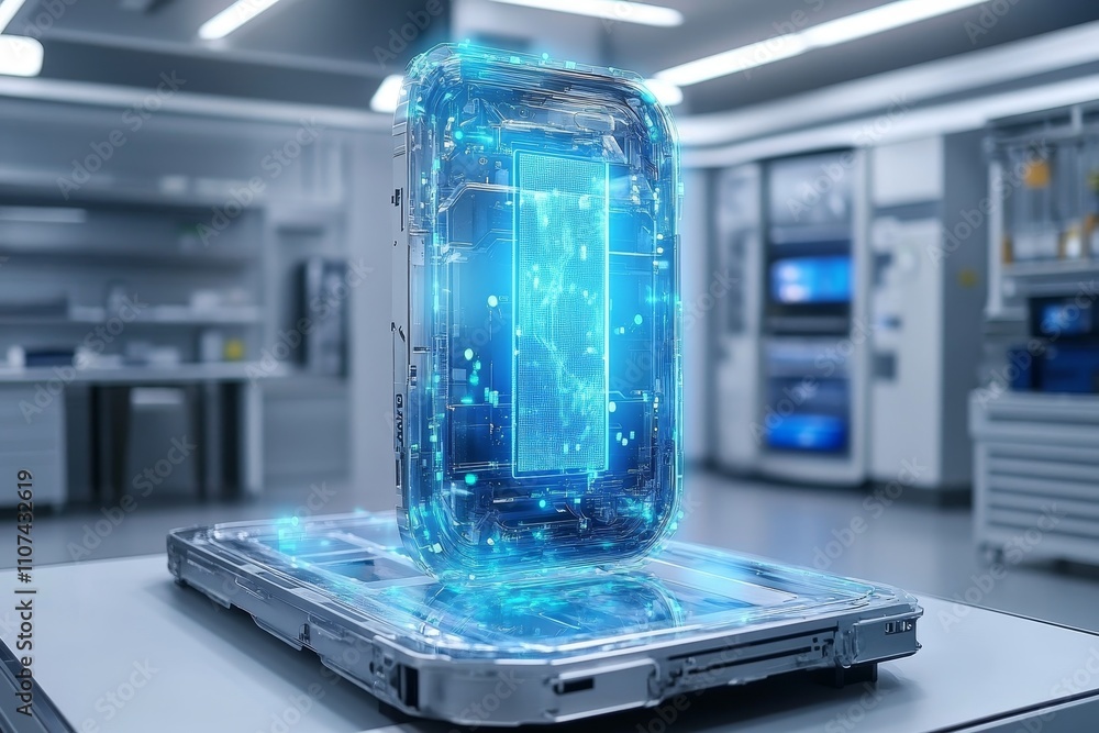 Poster futuristic digital device surrounded by glowing blue components in a high-tech laboratory setting wi