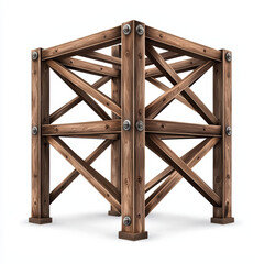 Wooden scaffolding structure with cross bracing on white background, showcasing its sturdy design and craftsmanship. Ideal for construction and architectural projects