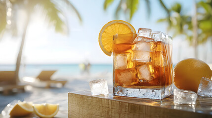 Refreshing iced citrus drink beachside lounge beverage photography tropical setting close-up view summer vibes