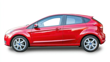 Obraz premium A side view of a red hatchback car, showcasing its sleek design and modern features.