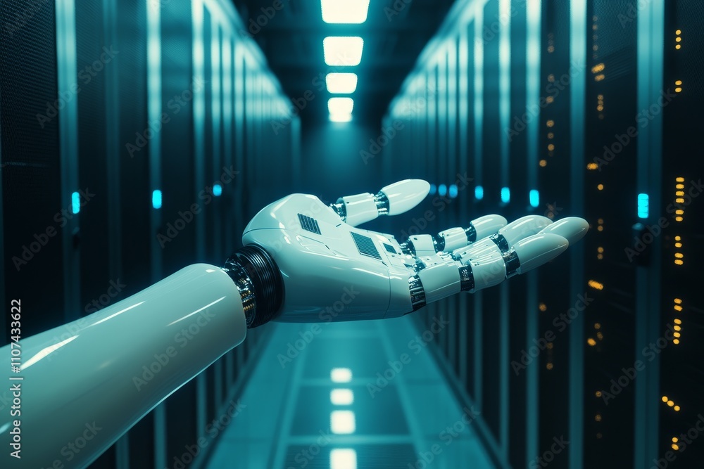 Poster futuristic robotic hand reaching out in high-tech data center with server racks and blue led lights 