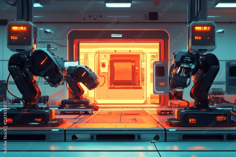 Poster futuristic robotics laboratory featuring advanced robotic arms in a high-tech environment with vibra
