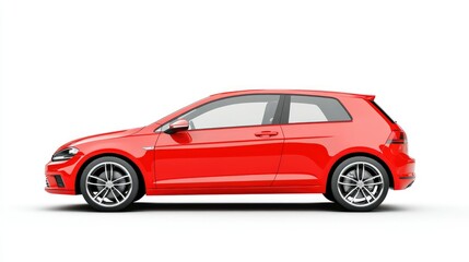 Fototapeta premium A side view of a sleek red hatchback car against a white background, showcasing its design.