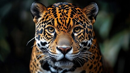 Obraz premium A close-up of a jaguar showcasing its striking fur patterns and intense gaze.