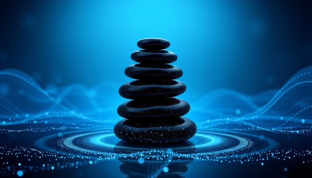 stack of black zen stones with particles and waves in blue, digital tech background, creating a calming and serene atmosphere