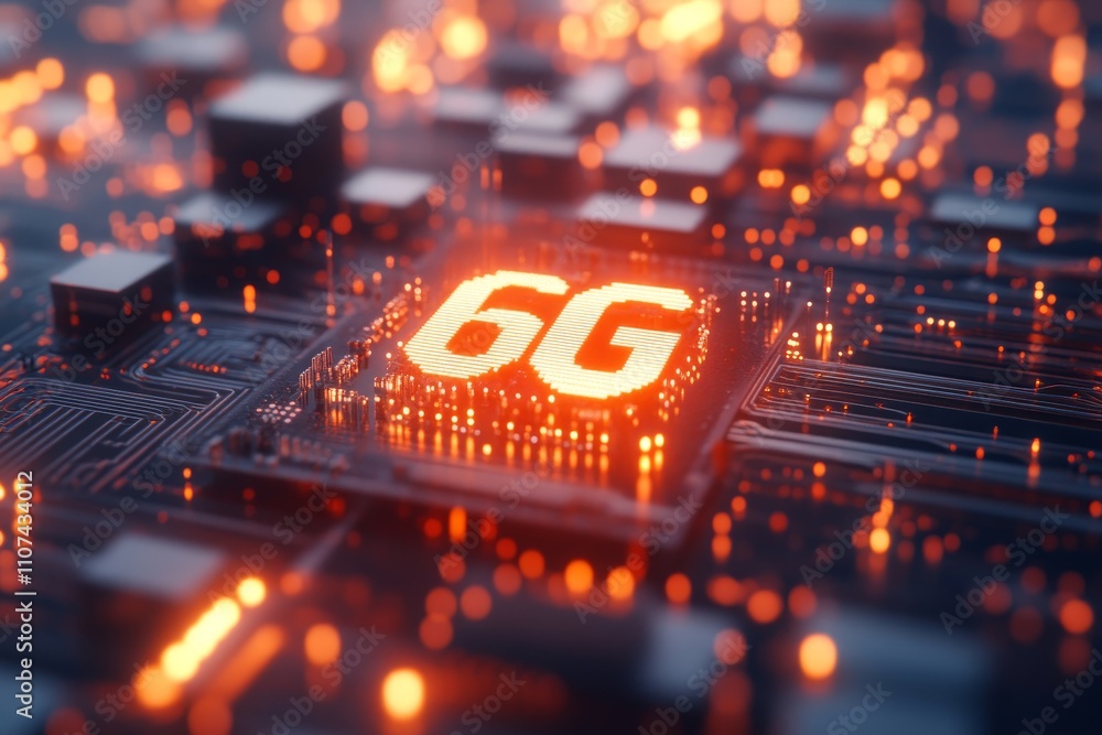 Aufkleber futuristic technology concept showing 6g network connectivity on a circuit board with bright orange 