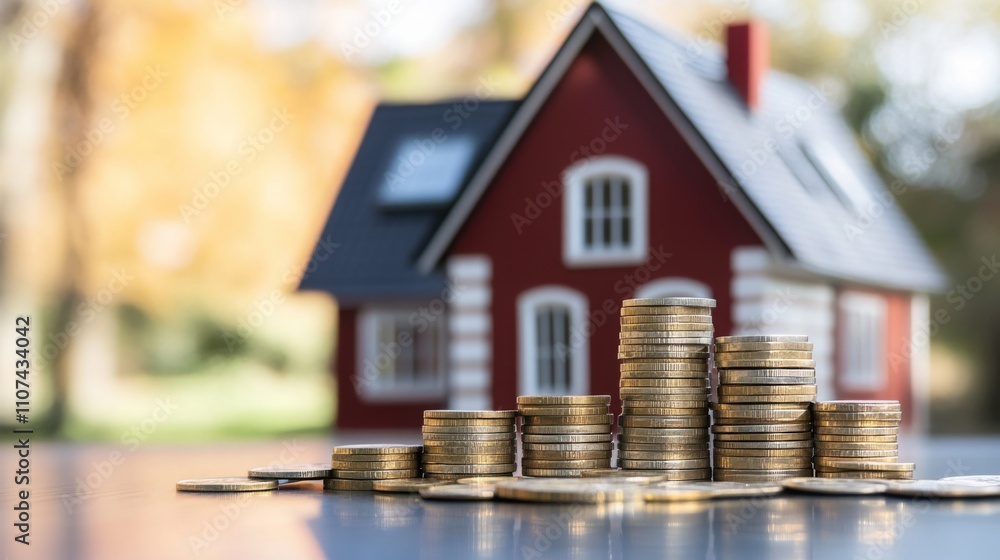 Aufkleber Stacks of coins are placed in front of a small model house, highlighting the connection between investment and real estate.