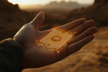 Futuristic Technology Concept with a Glowing Microchip in a Human Hand Against a Sunset Background in a Desert Landscape