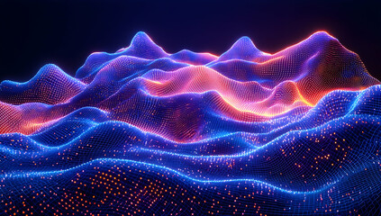 3D render, abstract background with glowing neon dots on a dark blue wave landscape with city lights.