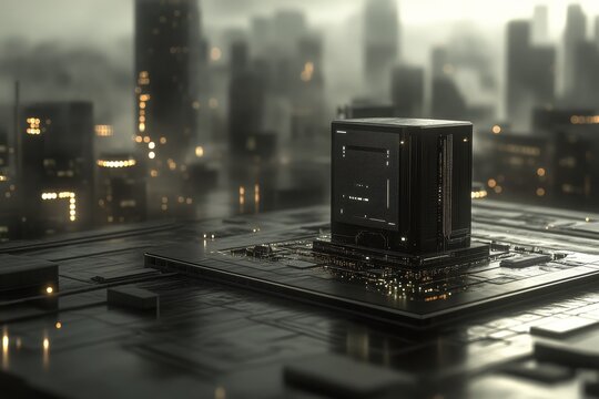 Futuristic Urban Landscape with a Central Processing Unit Surrounded by a Digital Cityscape Under a Misty Atmosphere, Reflecting High-Tech Innovations and Modernity - Powered by Adobe