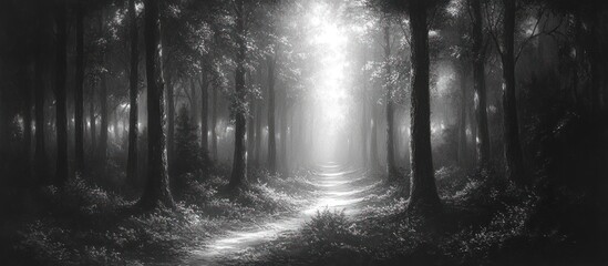 Fototapeta premium Mystical forest path, light shining through trees.