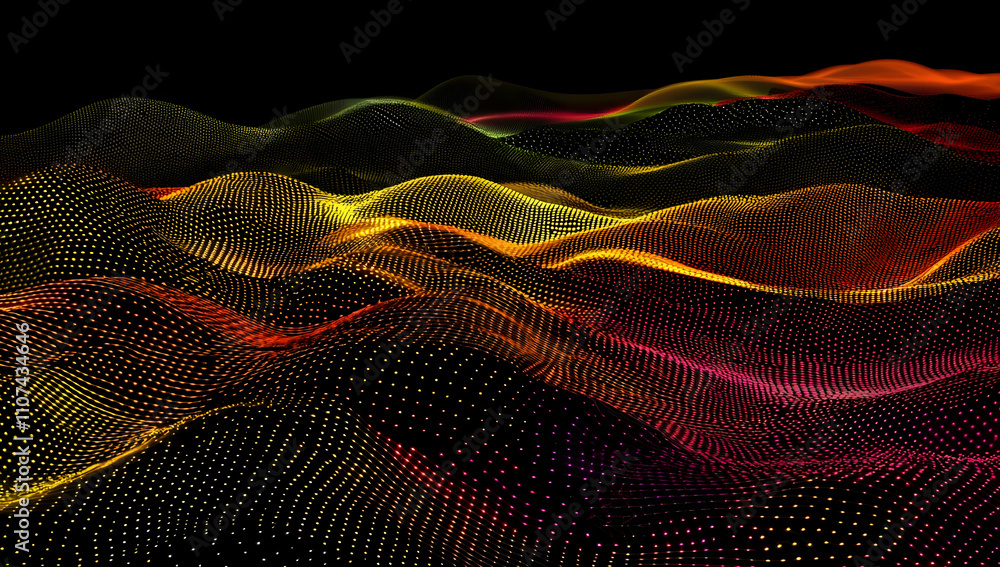 Poster 3d rendering of colorful, glowing neon dots flowing in a dark landscape with digital waves and a big