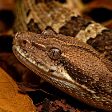 A close-up macro of the Gaboon viper's intricate scale patterns, focusing on its cryptic camouflage against a leaf-littered forest floor