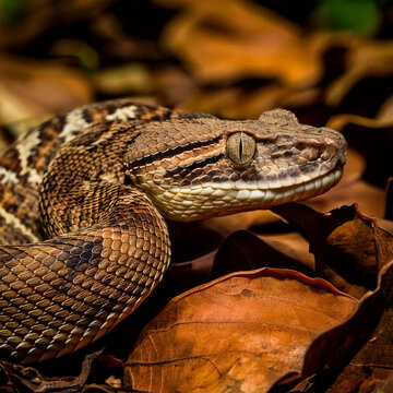 A close-up macro of the Gaboon viper's intricate scale patterns, focusing on its cryptic camouflage against a leaf-littered forest floor