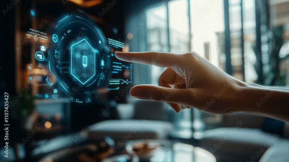 Aufkleber A hand interacts with a holographic display showing various real estate properties and data.