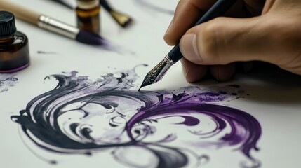 Obraz premium A person writing calligraphy with an ink pen on paper, creating elegant and intricate designs