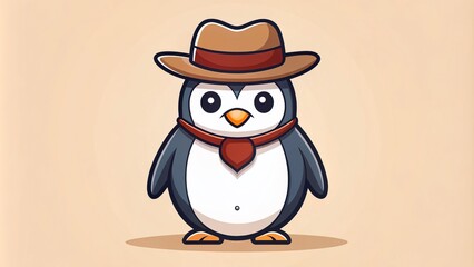 Fototapeta premium Charming minimalist cowboy penguin vector mascot for creative branding, featuring a fun penguin with a cowboy hat and understated background elements, perfect for various projects and designs.