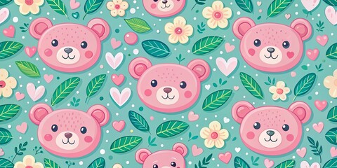 Obraz premium Charming pastel bear faces interspersed with whimsical hearts and leaves form a delightful seamless pattern, ideal for urban exploration and creative projects.
