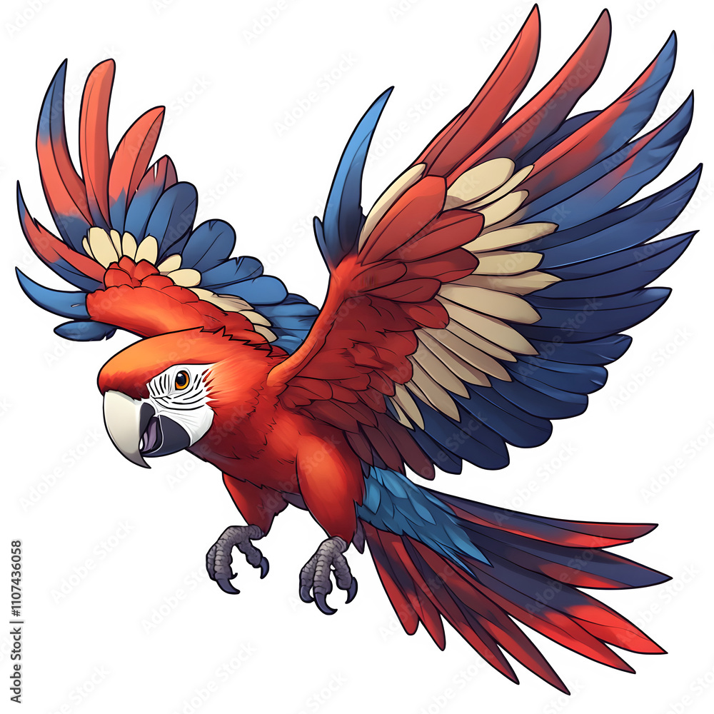 Poster vibrant depiction of a red-and-green macaw in flight with spread wings, set against a see-through ba
