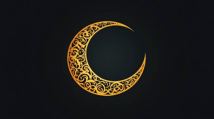 Crescent moon logo with Arabic patterns, simple design, golden on a black background