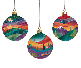 Three cut paper illustrations of backpacking inspired baubles in bold colours