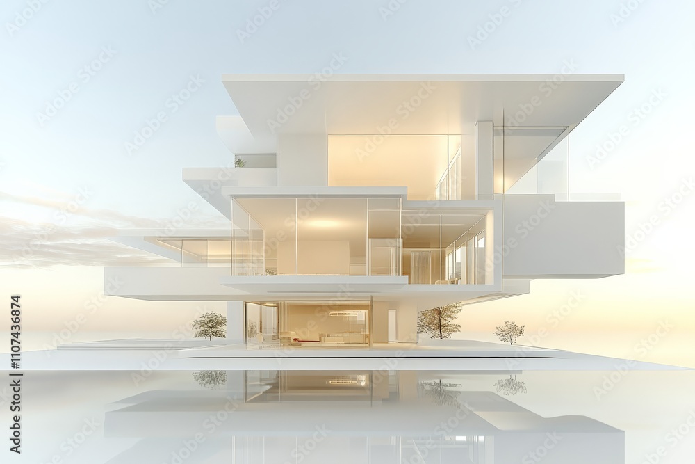 Poster this image showcases a minimalistic modern house with clean lines and open spaces, presenting a sere